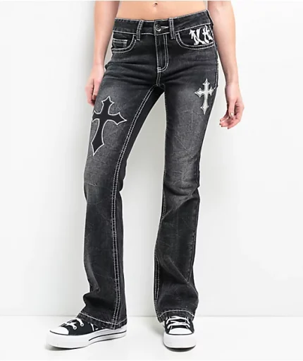 Ninth Hall Alyssia Cross Black Wash Mid Rise Bootcut Jeans