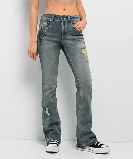 Ninth Hall Alyssia Cross Black Wash Mid Rise Bootcuts Jeans