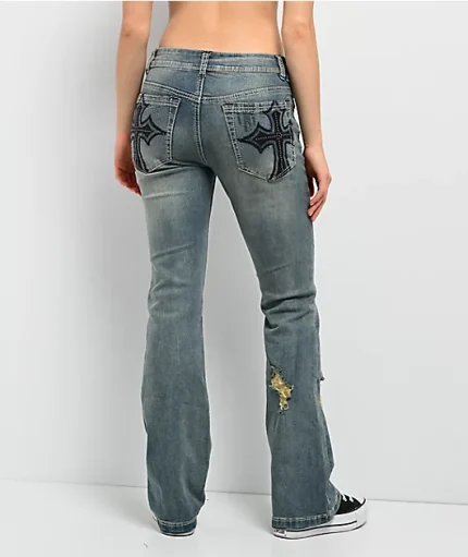 Ninth Hall Alyssia Cross Black Wash Mid Rise Bootcuts Jeans