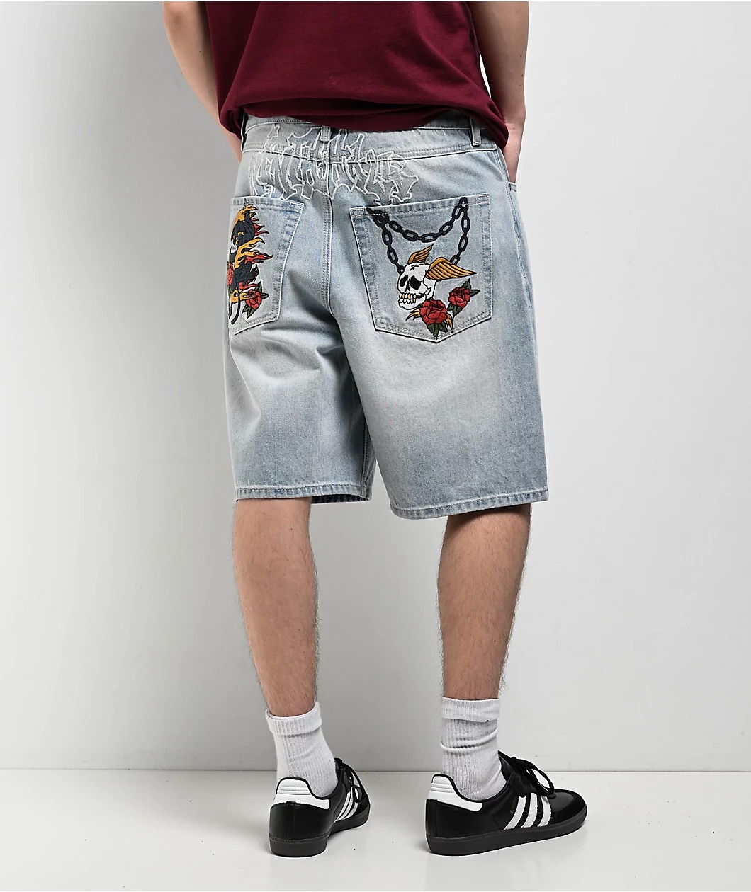 Ninth Hall Waylay Skull Blue Wash Loose Fit Shorts 1 Ninth Hall Waylay Skull Blue Wash Loose Fit Shorts