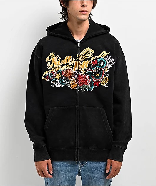 Ninth Hall Big Moves Black Wash Zip Up Hoodie Ninth Hall Big Moves Black Wash Zip Up Hoodie