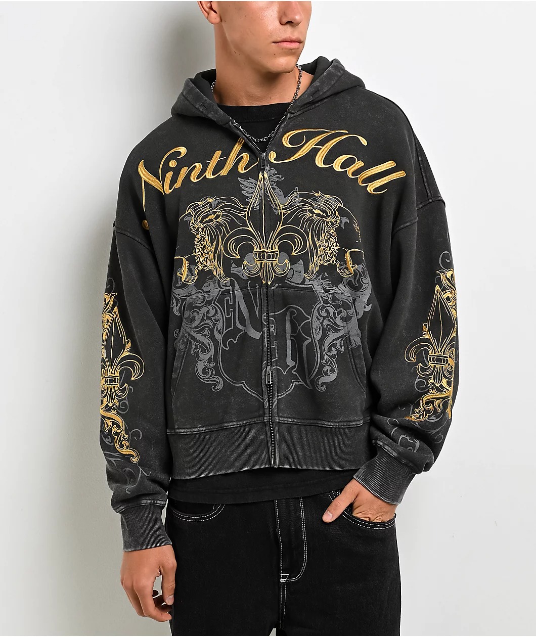 Ninth Hall Brothers Black Wash Crop Zip Hoodie Ninth Hall Brothers Black Wash Crop Zip Hoodie