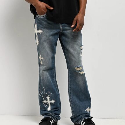 Ninth Hall Defender Applique Crosses Flare Jeans