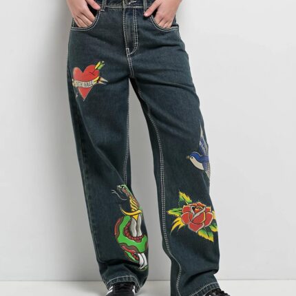 Ninth Hall Idle Printed Blue Dark Wash Jeans